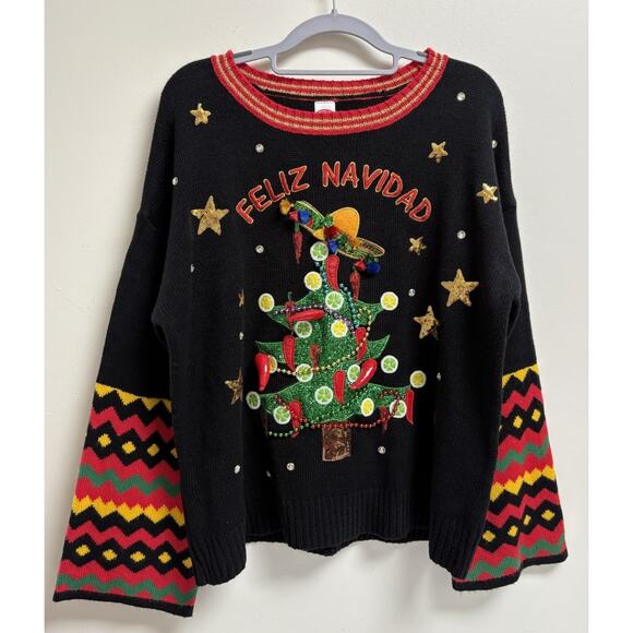 Holiday Time Feliz Navidad Christmas Sweater Women’s Large Pom Pom Fiesta - Picture 1 of 8